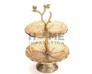Dernier design le plus luxueux excellent art et artisanat designer unique Branches de fleurs en métal doré Support à gâteau de luxe à 2 niveaux - Product Image 2