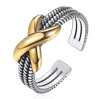 Bague ouverte Infinity X de taille ajustable en argent sterling 925 oxydé de style américain personnalisé