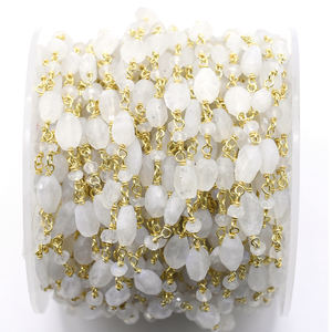 <b>Rainbow</b> Moonstone Faceted Rondelle & Nuggets Shape Gold Plated Sterling Silver Rosary Wire Wrap Chain - Product Image 1