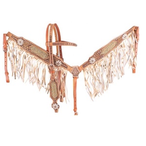 100% cuero de vaca occidental oro perla incrustaciones Headstall pecho Collar conjunto oro metálico flecos caballo productos al por mayor fabricante - Product Image 1