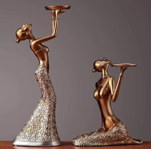2ชิ้นวินเทจเลดี้เทียนยืน | ทองเหลืองผู้หญิงประติมากรรมศิลปะ - Product Image 4