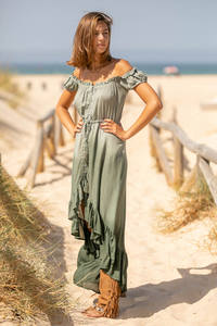 ชุดเดรสยาวมัดย้อมสไตล์โบฮีเมียนของผู้หญิงชุดเดรสชายหาดเกาะอกยาวถึงพื้นเดรส100% ผ้าฝ้ายทอเอวธรรมชาติ - Product Image 2