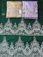 Kain George Afrika Kelas Atas Hijau Mewah Berhias Manik-Manik Berat untuk Gaun Elegan Bahan Sutra Premium