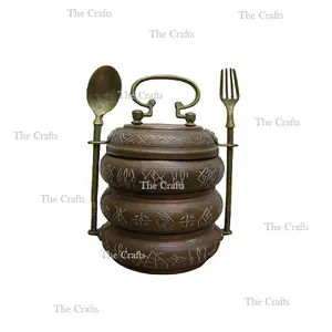 Kaşık ve çatal ile bakır Tiffin kutusu üstün kalite özelleştirilmiş boyut ve şekil gıda depolama yemek kabı