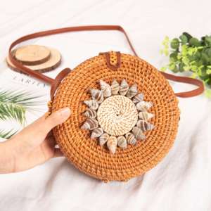 Sac en rotin rond tissé à la main,, avec coquillages de mer - Product Image 4
