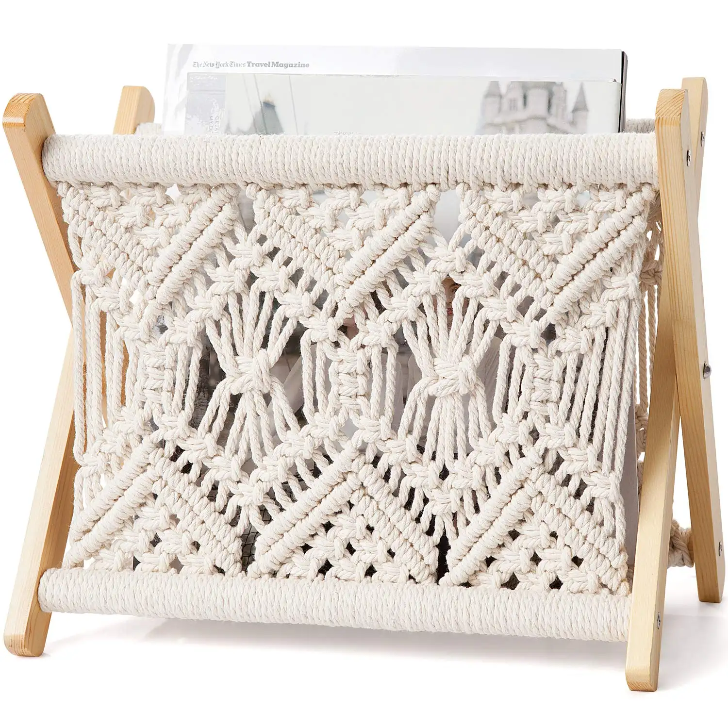 High Quality Hand Woven Natural Soft Cotton Newspaper Organizer Macrame Magazine Holder from India