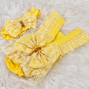 Roupas de malha de algodão, malha de algodão de alta qualidade, moderna, luxo, atacado, recém-nascidos, novo design, macacão, bebê amarelo, banda de cabelo do bebê