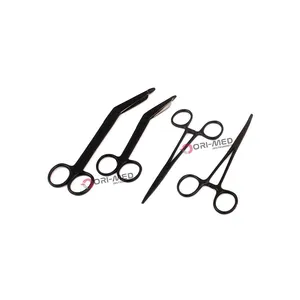 Black Color Coated Set of 4 German Grade Stainless Nurses Doctor Lister Bandage Scissors Hemostat Forceps Straight Curved