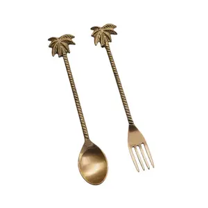 Unique Design Handle Matte Polished Brass Embossed Ribbed Palm Tree End Handle Tea Spoon And Fork Set