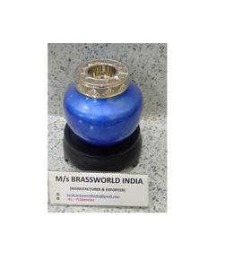 blue <b>small</b> <b>candle</b> light urn with silver leaf engraved funeral supplies Brassworld India - Product Image 1