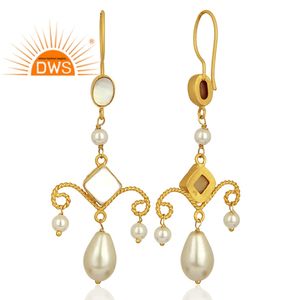 Boucles d'oreilles pendantes en perles naturelles indiennes, plaquées or jaune, en argent sterling 925, collection classique de bijoux, vente en gros - Product Image 2