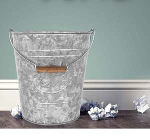 Farmhouse Bathroom Trash Can with Turned Wood Handle Embossed Rings <b>Small</b> Oval Label Galvanized Metal Waste <b>Basket</b> Garden Use - Product Image 1