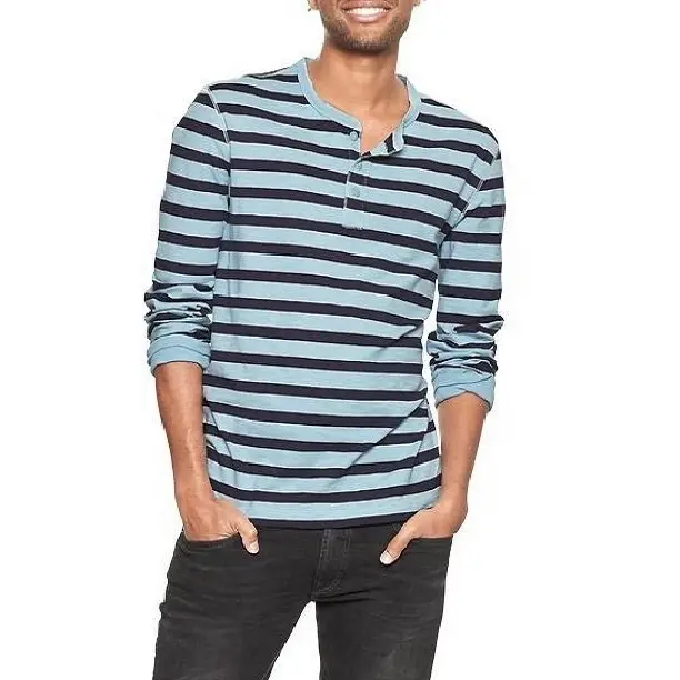 Long Sleeve Stripped Henley neck T-Shirts with cuffs For Men 100% organic cotton striped full sleeves Regular Designer Tee-Shirt