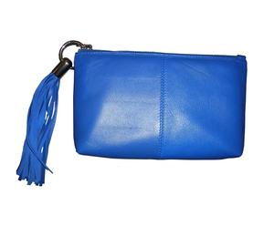 Pochette de maquillage en cuir véritable bleu élégant avec fermeture à glissière à pompon Logo personnalisé étui de voyage/sac à cosmétiques de style dame - Product Image 4