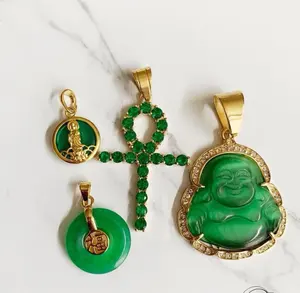 Jialin Sieraden Ins Gold Filled Natuursteen Roze En Groen Fu Emerald Jade Donut Hanger Ketting