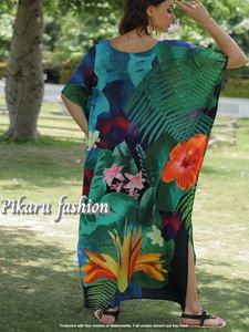 Caftán de talla grande de Dubái de alta calidad para mujer, elegante bohemio, estampado Floral, escote en V, manga corta, tejido hasta el suelo, Natural - Product Image 6