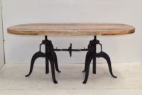Table à manger ovale industrielle réglable et pliable, plateau en bois massif, base en fonte, mobilier vintage style machine, assemblée pour cuisine