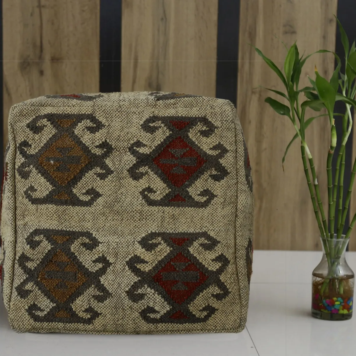 Kelim Footstool Pouf Cover Decorative Pouf Cover Jute Wool Sitting Case Handwoven Kilim Ottoman Cover