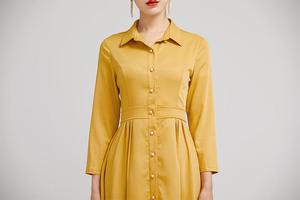 Vestido Camisero Amarillo con Cuello Camisero, Manga Tres Cuartos, Largo Midi, Color Sólido, Tejido Transpirable, 100% Lino, Bordado, Oficina - Product Image 5