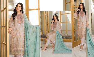 Haute qualité brodé en mousseline de soie Salwar Kameez costumes femmes inde Pakistan ethnique hiver fête porter dames exportation qualité tissu - Product Image 4