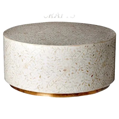 RF CRAFTS-mesa de centro redonda con incrustaciones de hueso, hecha a mano, de lujo, India, color blanco