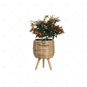 Bananenblad Rieten Planter Mand Met Houten Plant Holder/Indoor Planter Bloempot/Unieke Vintage Design Plant Pot opslag