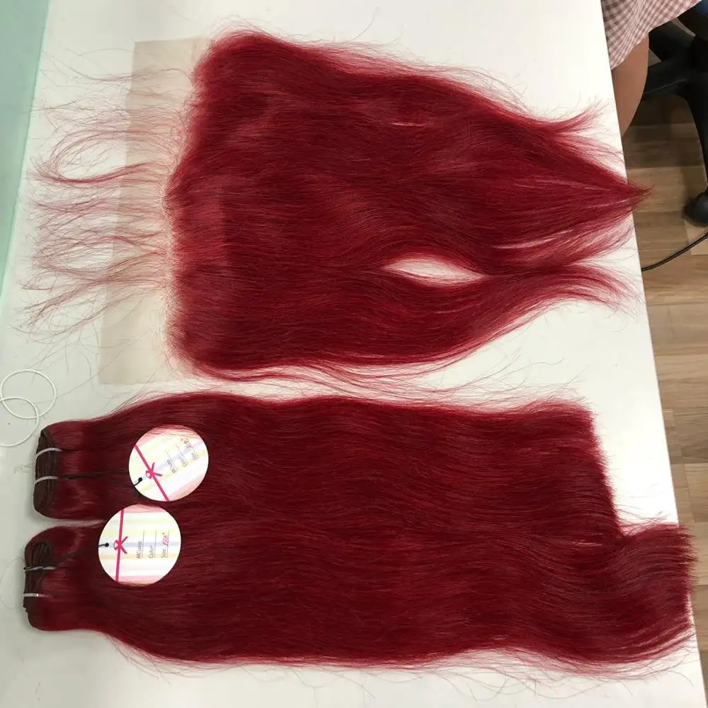 RED bundle with closure remy double drawn hair weave straight texture Hot selling 2023 product