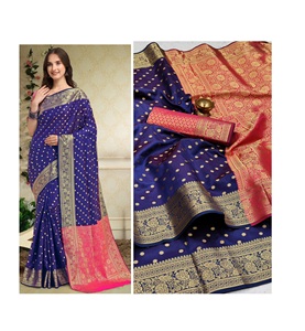 Saree de seda lichi con hermoso oro, tejido de Zari con Pallu pesado con contraste a juego, diseño de blusa pesada - Product Image 1