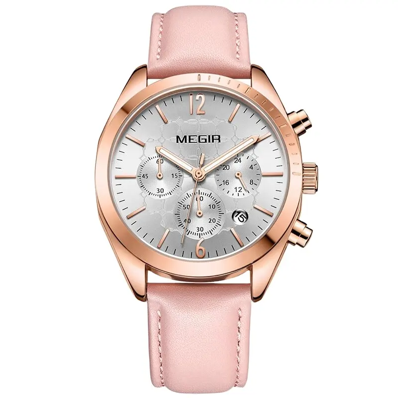 Megir 2115 Womens Leather Quartz Watches Chronograph Clock 24 Hours Waterproof Wristwatch for Lady Relogio Feminino Reloj Mujer