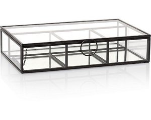 Caja de almacenamiento rectangular de vidrio con marco y asa de metal para organizar joyas - Product Image 1