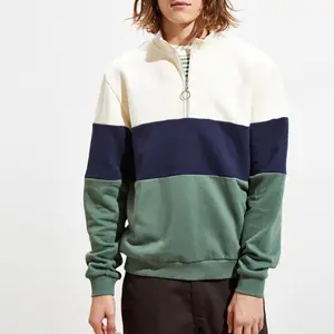 Custom wholesale streetwear men pullover fleece colorblock striping half-zip hoodies sweatshirt