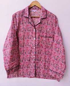 Conjunto de pijama de tela estampada con bloques a mano de algodón al por mayor, camisa abotonada y pantalón con bolsillos, ropa de dormir y vacaciones de verano para mujer - Product Image 2