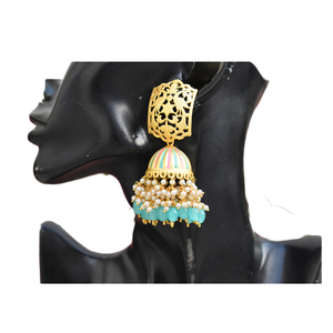 Meenakari-partywear hecho a mano, tradicional, dorado, mate, acabado, latón, largo, jhumka, pendientes de Aro para niñas y mujeres - Product Image 1