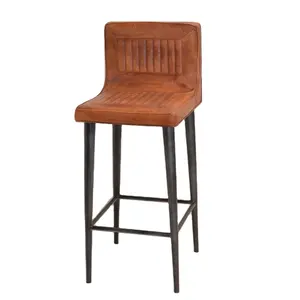 Vintage Industrial Leather Furniture Long Bar Stool Chair Crafted with Finest Quality Leather and Metal Made in India