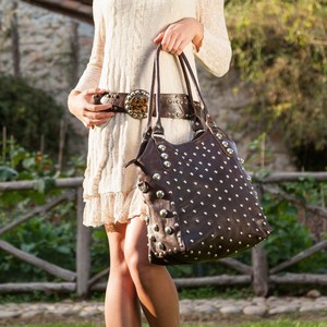 Tote <b>Bag</b> with Brown <b>Studs</b> / Brown Leather Tote <b>Bag</b> with / Rock <b>Bag</b> / Brown Leather <b>Bag</b> / Large <b>Bag</b> / Brown Leather Shoulder <b>Bag</b> - Product Image 1