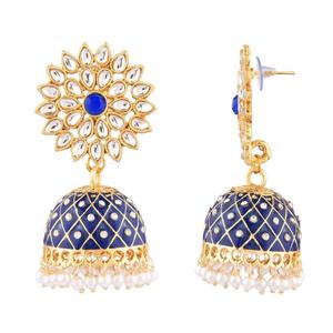 Pendientes indios de Kundan para mujer, joyería nupcial con esmalte de cristal Floral, azul - Product Image 5