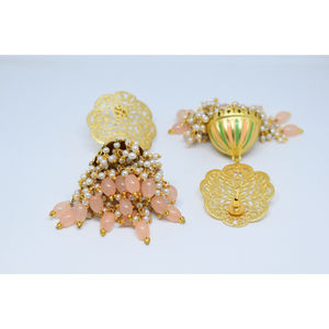 Meenakari ชุดปาร์ตี้แฮนด์เมดสำหรับผู้หญิงและหญิง,ตุ้มหูห่วง Jhumka แบบยาวทำจากทองเหลืองผิวด้านสีทองแบบดั้งเดิม - Product Image 4