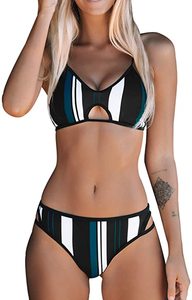 Women's Customizable Blue <b>White</b> Striped <b>Bikini</b> Set Strapless Animal Letter Knitting Print Summer Beach Adjustable Strap Adults - Product Image 6