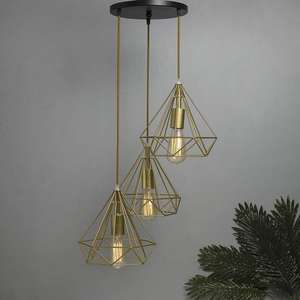 <b>3</b> <b>Lights</b> Round Chandelier Golden Hanging <b>Pendant</b> <b>Light</b> Wire Cage <b>Pendant</b> Lamp - Product Image 1