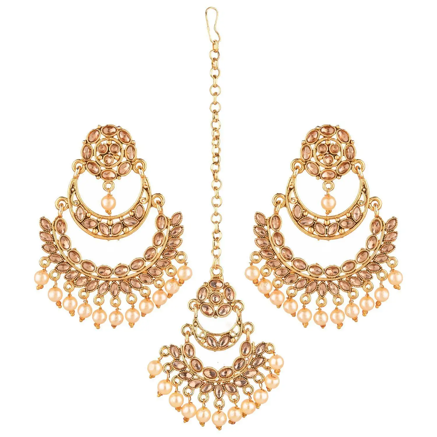 Indian Jewelry Crystal Faux Pearl Maang Tikka Head Chain Dangle Chandelier Earrings Set Indian Bridal Jewelry