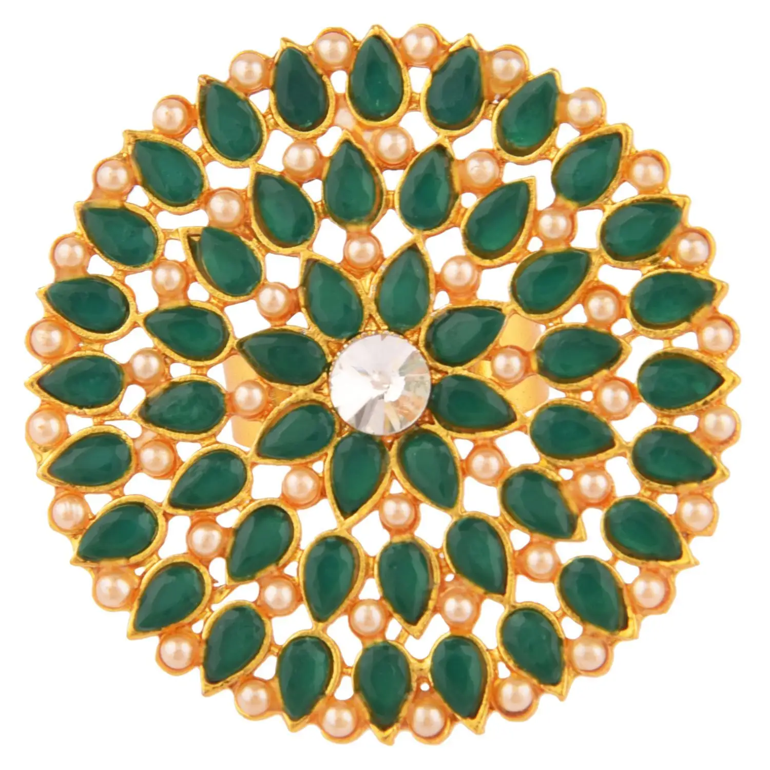 인도 보석 제조 업체 전통적인 신부 골드 도금 크리스탈 가짜 진주 큰 손가락 반지, 녹색