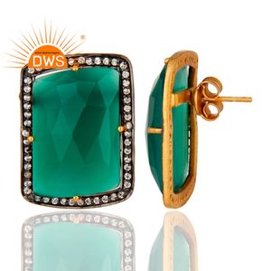 18k Gold Plated Women's Earrings Wholesaler of 925 Silver Jewelry Fancy Shape Green Onyx Prong <b>Set</b> Stud Earrings - Product Image 3