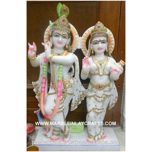 Magnifiques idoles de Radha Krishna en marbre blanc faites à la main, en position debout, avec une main en bénédiction pour le culte et le temple - Product Image 1