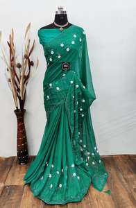 Dola Soie Bordure Dorée Broderie Travail Saree avec Blouse Pièce Femmes Indiennes Porter Sari Pas Cher Prix En Gros Surat ApparelGarment - Product Image 6