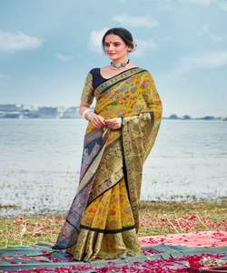 Banarasi Seda Sarees Fiesta Desgaste Boda Indio Étnico - Product Image 4