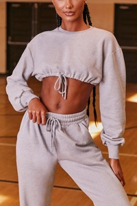 Conjunto de entrenamiento de gimnasio de 2 piezas personalizado para mujer al por mayor Sudadera corta con capucha de gran tamaño sudaderas Jogger transpirable estampado lavado invierno - Product Image 2