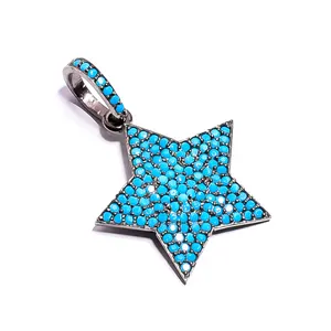 New Arrival Blue Turquoise Gemstone Micro Pave Fine Jewelry 925 Sterling Silver Star Shape Black Plated Fashion Jewelry Pendant