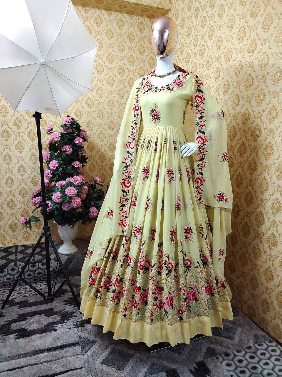 fashionable georgette floral printed layered only gown beautiful party wear ladies wear wholesale price surat purple colour gown