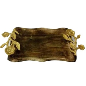 Elegant Uniquely Designed Wooden Serving <b>Tray</b> with Floral Pattern Featuring Stylish Metal Handles for <b>Food</b> Serving - Product Image 1