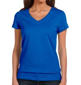 Camiseta azul marino con cuello en V para mujer 100% algodón manga corta liso teñido logotipo personalizado OEM personalizado en blanco cuello en V parches apliques - Product Image 6